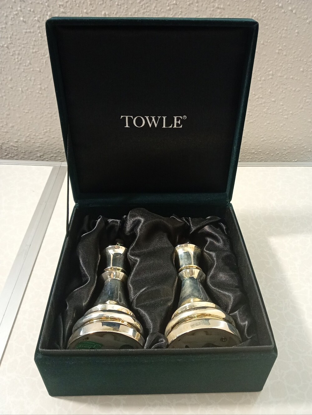 TOWLE Cross Salt & Pepper Sterling Silver Plated Shakers with Velvet Box